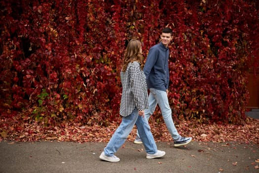 Young Cute Female Hugs Boyfriend. In Autumn Outdoor. Lovers Walking in Park. Attractive Funny Couple. Lovestory in Forest. Man and Woman. Cute Lovers in the Park. Family Concept. Happy Couple.