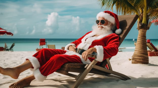 Christmas Santa Claus relaxing on sunlounger at ocean sandy tropical beach under palm leaves. Happy New Year travel destinations to hot countries concept