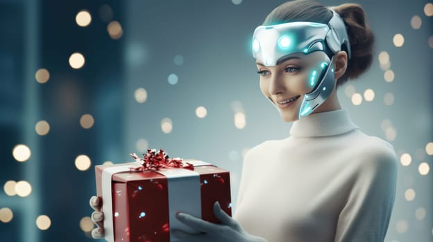 Shot of robot girl holding a small gift box. Holidays and celebration concept