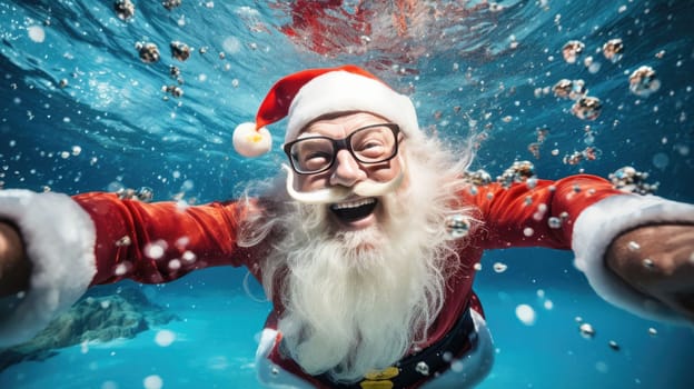 Santa Claus swim and relax in blue transparent pool water. Merry Christmas and Happy New Year travel destinations concept