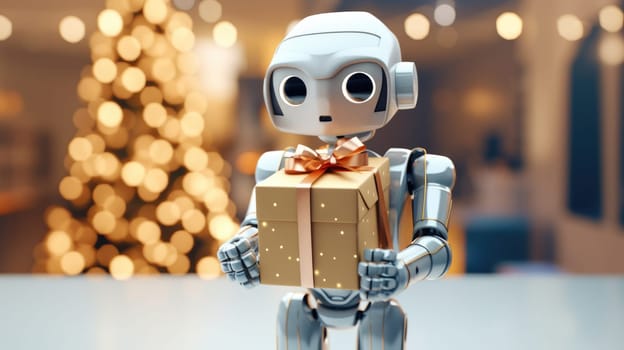 Shot of robot holding a small gift box. Holidays and celebration concept