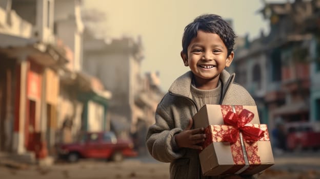 Indian kid with big giftbox is looking to the camera dusty street on background. Christmas support. Give and share kindness