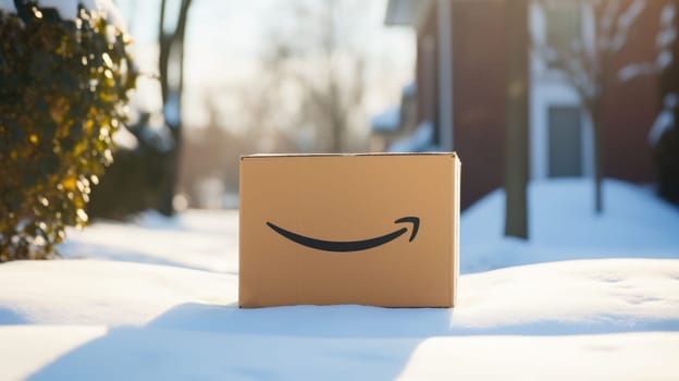 Delivered Amazon prime parcel box on door mat near winter snow entrance. Christmas online shopping. Black Friday sale