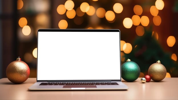 Online shopping laptop on table blurred Christmas home background. Christmas Online shopping. Black Friday sale