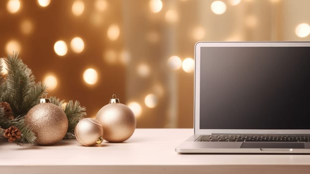 Online shopping laptop on table blurred Christmas home background. Christmas Online shopping. Black Friday sale