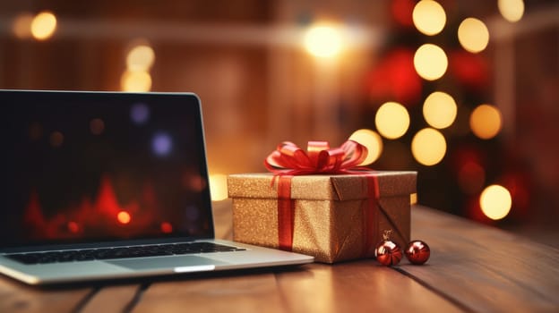 Delivered parcel box on table with laptop blurred home background. Christmas Online shopping. Black Friday sale