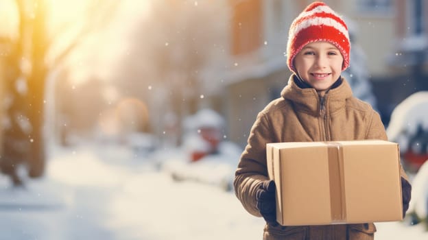 Smiling boy holding parcel box looking at camera blurred Winter street background. Christmas holidays delivery.