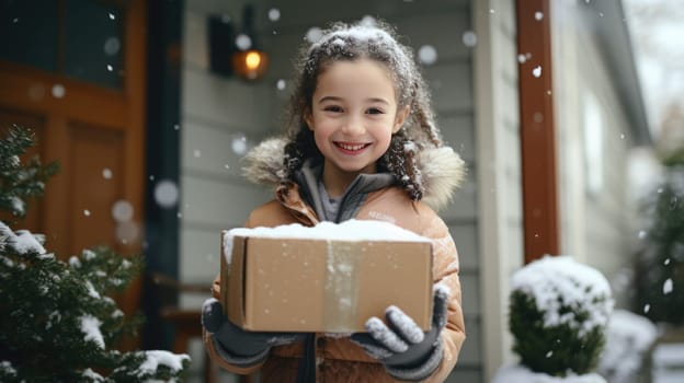Smiling girl holding parcel box next to front door house entrance. Christmas holidays delivery. Black Friday Online shopping
