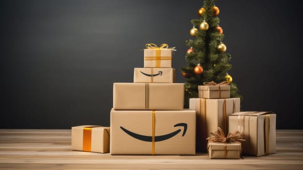 Delivered Amazon prime parcel box under Christmas tree. Christmas online shopping. Black Friday sale