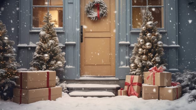 Delivered parcel box on door mat near winter snow entrance. Christmas online shopping. Black Friday sale