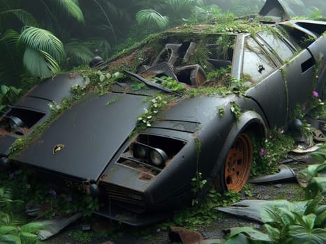 Abandoned rusty expensive atmospheric super car as circulation banned for co2 emission 2030 agenda , severe damage, broken parts, plants overgrowth bloom flowers. ai generated