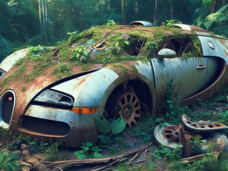 Abandoned rusty expensive atmospheric super car as circulation banned for co2 emission 2030 agenda , severe damage, broken parts, plants overgrowth bloom flowers. ai generated