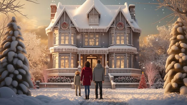 Rear view of a family with a child, against the background of a beautiful snow-covered country house.