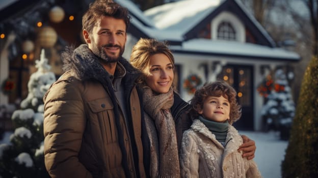 Portrait of a happy family on the background of a country house decorated for christmas.