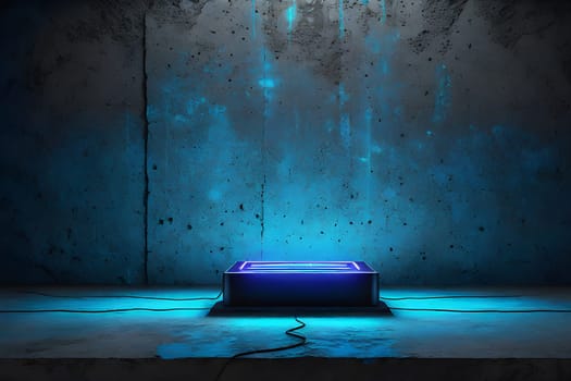 A Scene with a Blue Box in the middle and Cyan Neon Light on a Concrete Wall Surface, Volumetric Lighting, 3D Vray Tracing, Dark Grunge Background Texture for Display Products