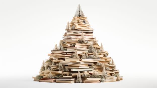 An unusual, creative Christmas tree made of books isolated on white background.