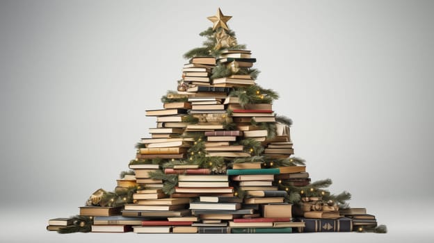An unusual, creative Christmas tree made of books and fir branches stands on a white background.