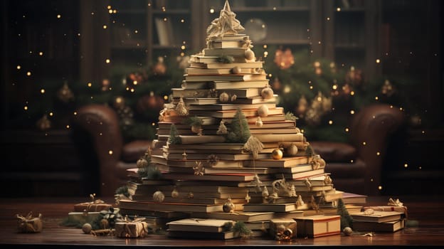 An unusual Christmas tree made of books stands in the living room in the evening