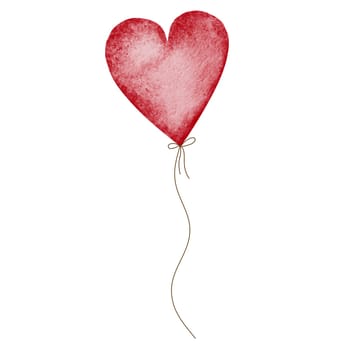 Watercolor red heart-shaped balloon on a ribbon. Cute design for Valentine's Day cards and invitations