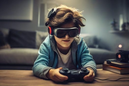 teenager at home play virtual online game in metaverse wear googles use joystick remote control ai generated
