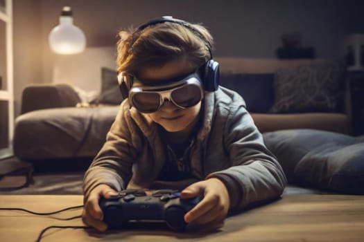 teenager at home play virtual online game in metaverse wear googles use joystick remote control ai generated