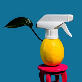 Creative still life with lemon and spray on a blue background