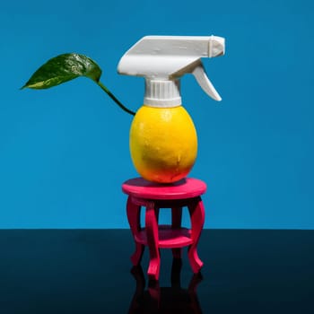 Creative still life with lemon and spray on a blue background
