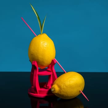 Creative still life with lemons on a blue background