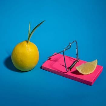 Creative still life with lemon and mousetrap on a blue background. Trap for fools.