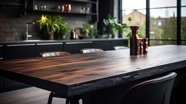Empty wooden table in the foreground. Black modern kitchen blurred background AI