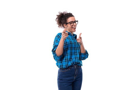 young authentic slim caucasian curly lady wearing plaid shirt.