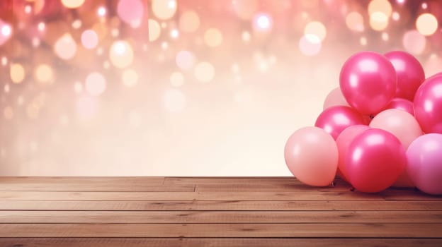 Empty wooden table in the foreground. Blurred background with pink balloons AI