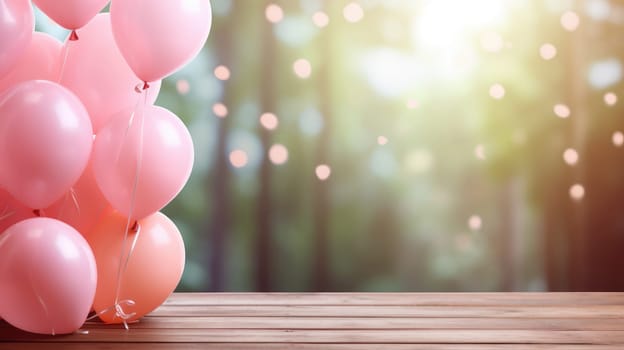 Wooden table in the foreground. Blurred forest background with pink balloons AI