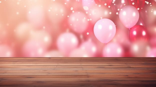 Empty wooden table in the foreground. Blurred background with pink balloons AI