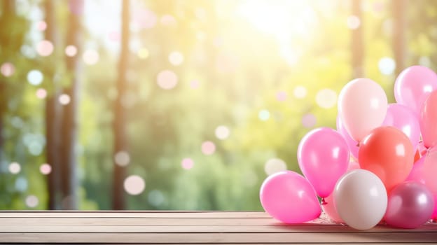 Wooden table in the foreground. Blurred forest background with pink balloons AI
