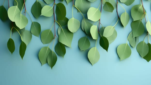 Background. Texture made of green eucalyptus leaves . Flat lay, top view AI