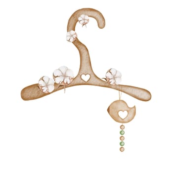 Watercolor drawing of a cute wooden hanger decorated with cotton flowers with a rattle. Pretty illustration for baby shower invitations and cards and for the birth of a baby.