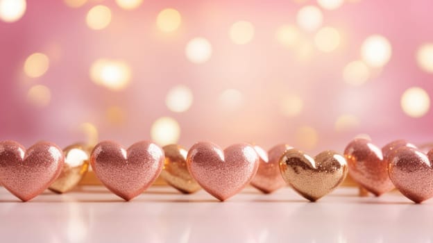 Golden hearts on a pink background. Happy Valentine Day wedding. Bokeh lights AI
