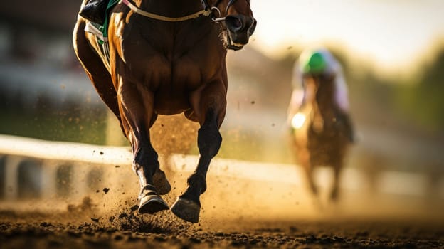 Horse racing details of galloping horses legs on hippodrome track AI