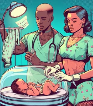 illustration depicting medical staff people at the hospital take care of newborn baby ai generated