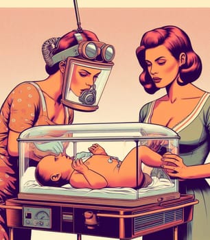 illustration depicting medical staff people at the hospital take care of newborn baby ai generated