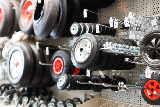 Wheel parts trolley in a store shop, trade and business