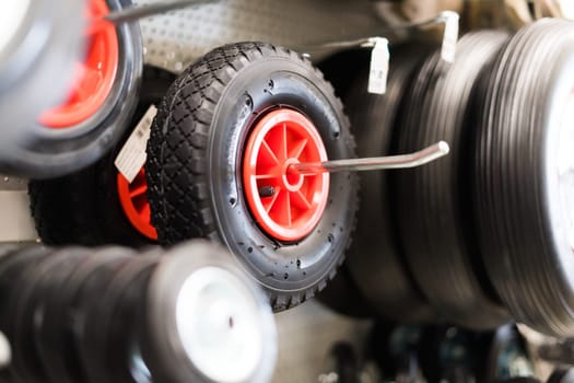 Wheel parts trolley in a store shop, trade and business