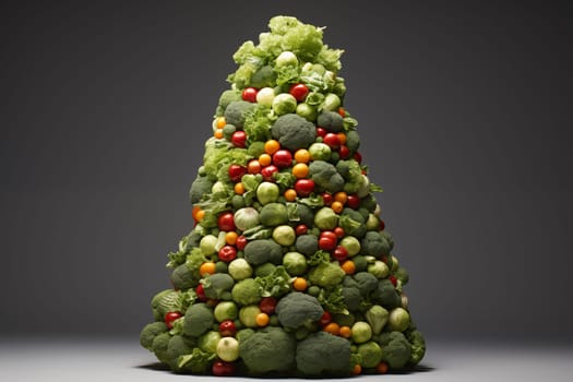 a conceptual Christmas tree made of green vegetables in the shape of a pyramid,isolated on a gray background