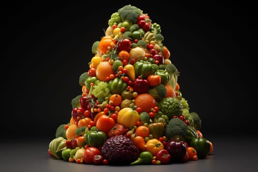 A pile of vegetables in the form of a pyramid, a conceptual Christmas tree, on black background