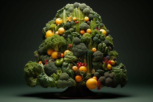 A pile of green vegetables in the form of a pyramid, a conceptual Christmas tree, on dark background