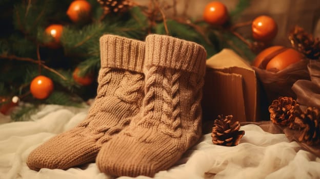 Warm knitted socks on cozy background. Concept for handmade and hygge slow life. AI