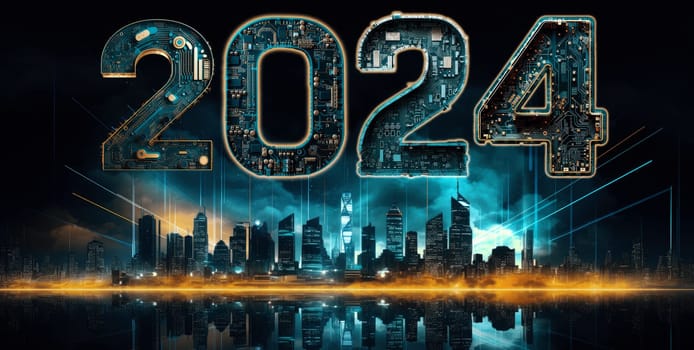 2024 new year, digital technology concept, above futuristic city skyline computer and artificial intelligence, AI for 2024 taintless lifestyle