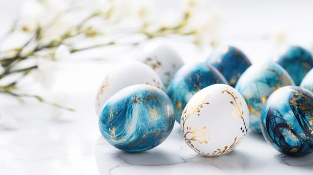 Beautiful painted easter eggs on white. Festive background AI