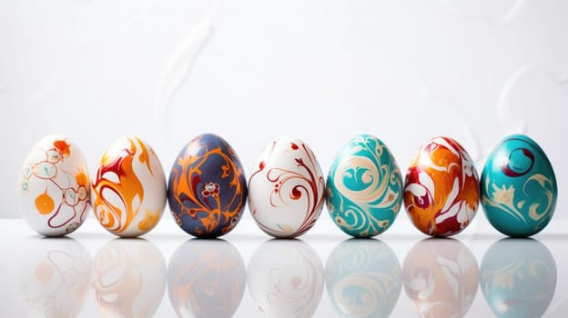 Beautiful painted easter eggs on white. Festive background AI